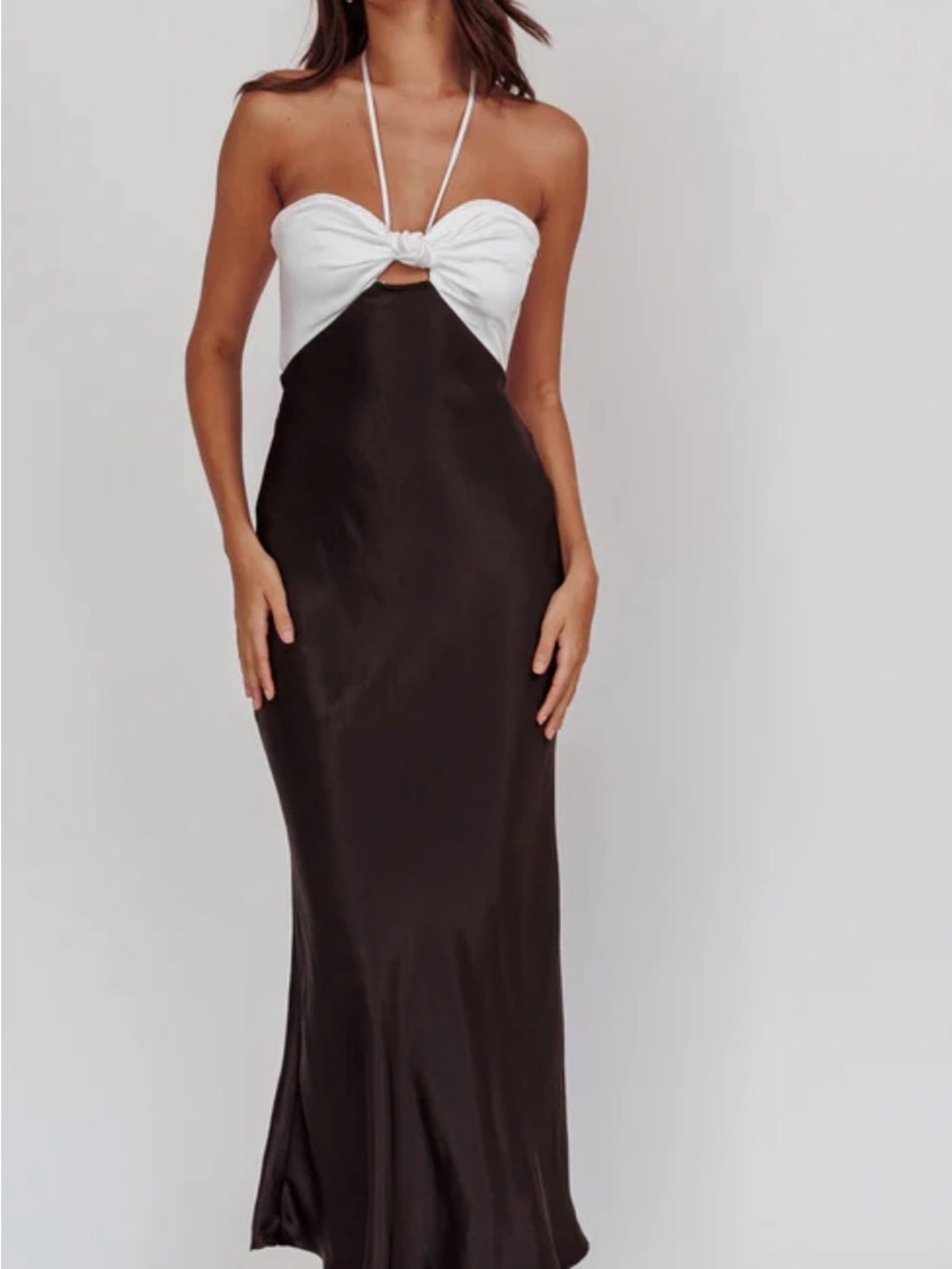 Strapless White & Black Satin Maxi Dress with Knot Front